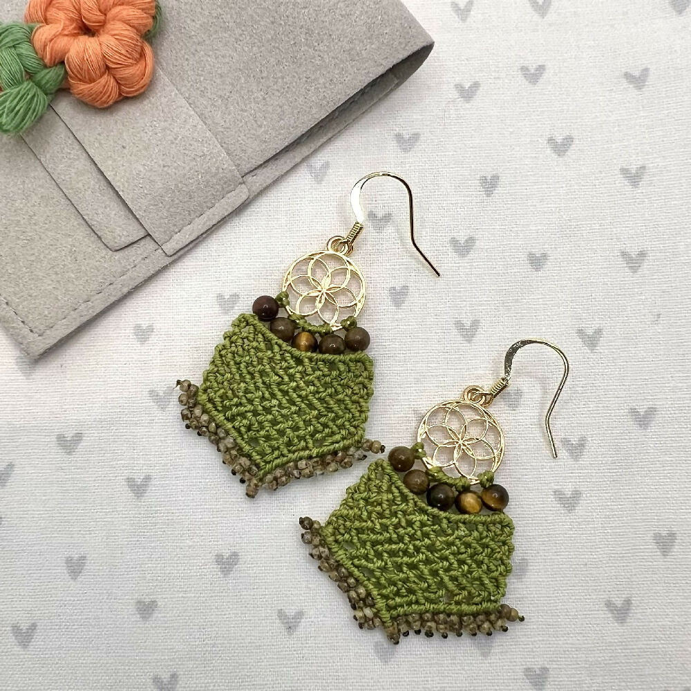 Green Lace Micro Macrame Earrings - Tiger eyes +Free microfibre pouch