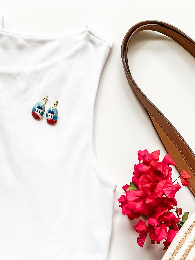 Santorini Hand Embroidered Earrings – Timeless Beauty of the Greek Islands - Oval earrings styled with a summer dress, sandals and a straw bag