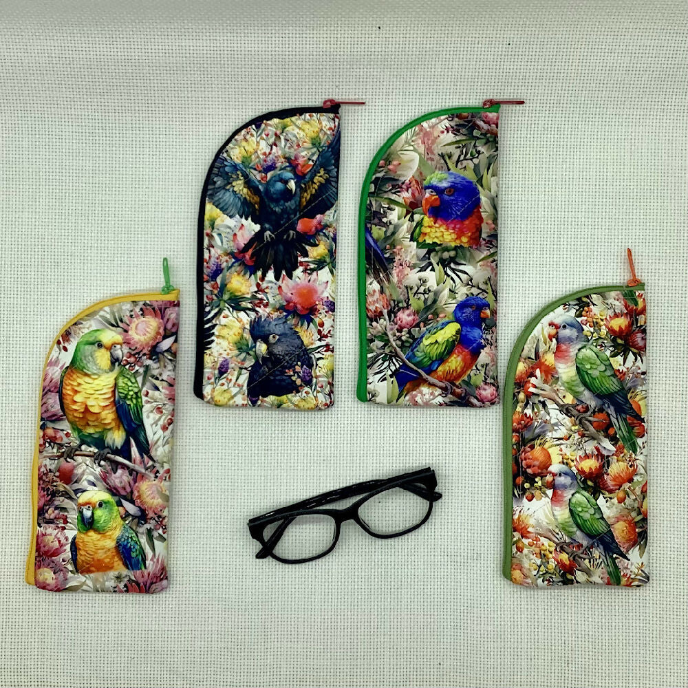 Australian birds curved top zip pouch for glasses, phones, handbag organiser, etc.