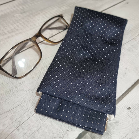 Flex frame glasses pouch, upcycled tie - black, silver dots