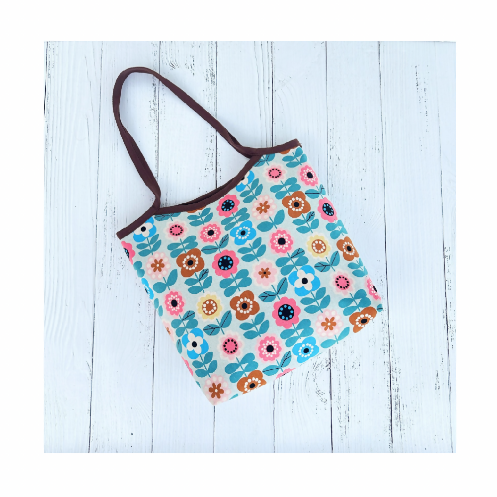 Shopping Tote Bag - Abstract Flowers on Light Blue