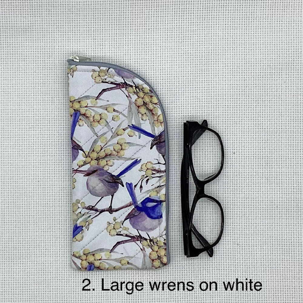 Blue wren curved top zip pouch for glasses, phones, handbag organiser etc.