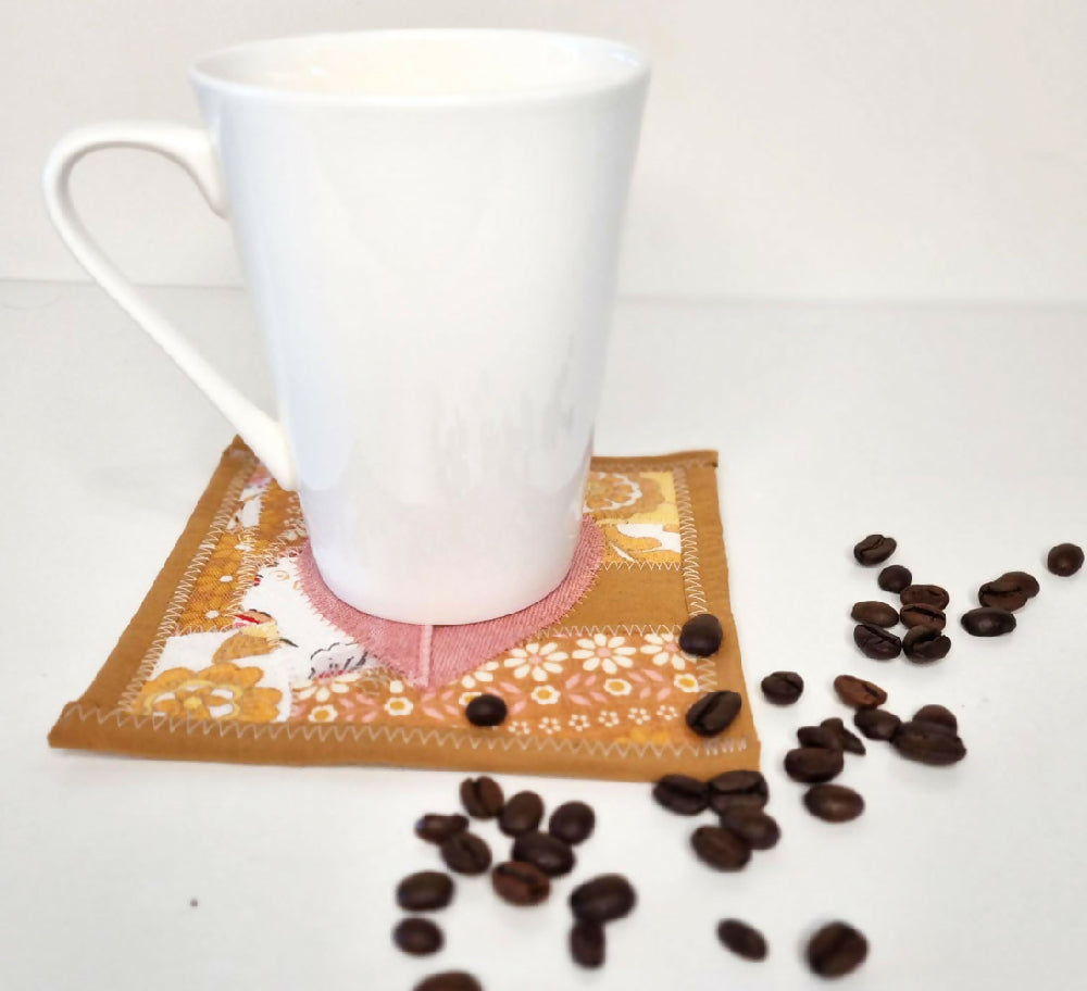 Chai-Coloured Retro Mug Rug with Pink Heart - Single Coaster - FREE SHIPPING!