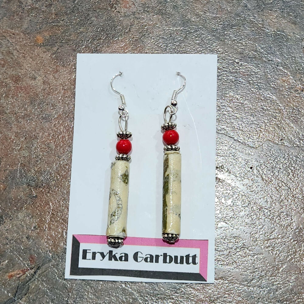 Cream paper bead with red dangle earrings barrel style.
