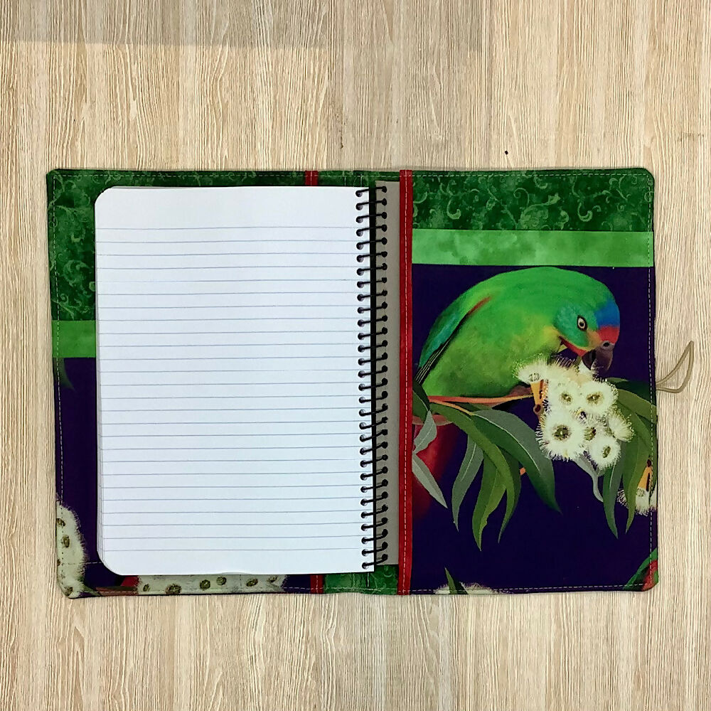 Australian Parrots Birds refillable A5 fabric notebook cover gift set - Incl. book and pen.