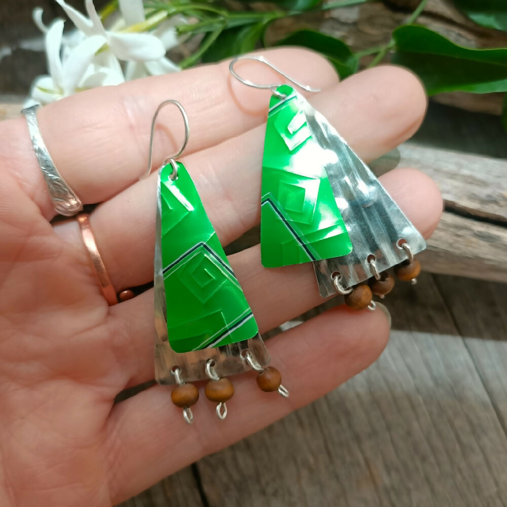 christmas tree earrings handmade upcycled green in hand..