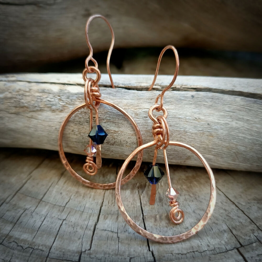 handmade copper hoop earrings with crystal dangles