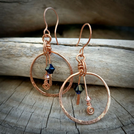 Copper Dangle Earrings with indigo & gold crystal bead