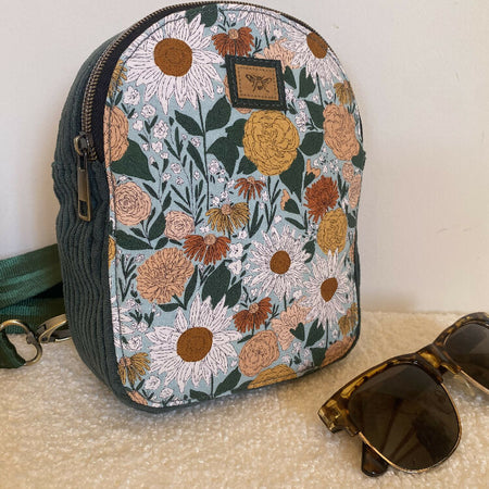 Convertible Backpack/Crossbody Bag - Sunflowers on Green & Dark Green Corduroy