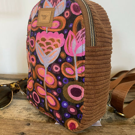 Convertible Backpack/Crossbody Bag - Pink Floral/Tan Corduroy