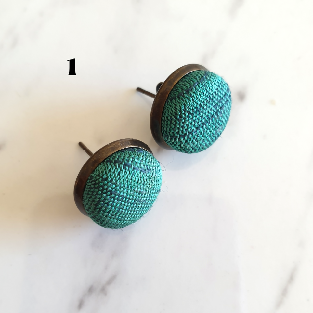 1.4cm Round Green Gradient Japanese Kimono Fabric Bronze colour Cabochon stud earrings