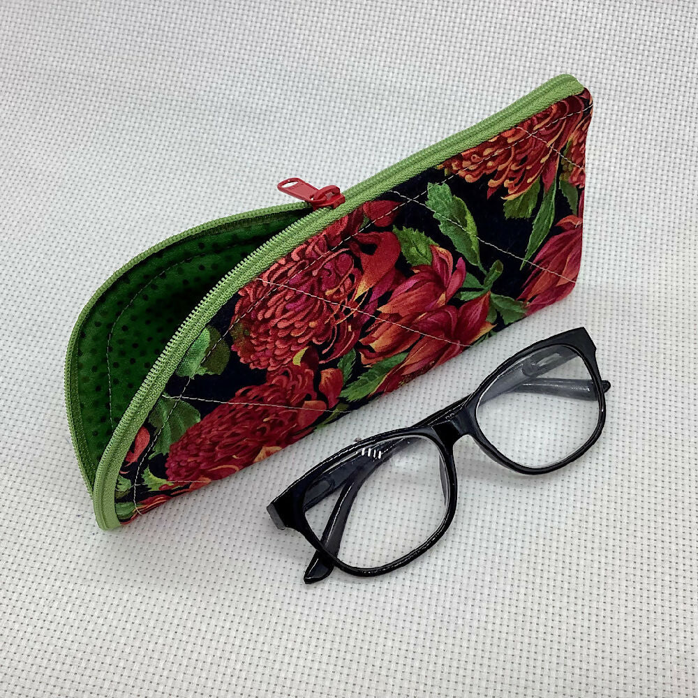 Australian wildflowers curved top zip pouch for glasses, phones, handbag organiser, etc.