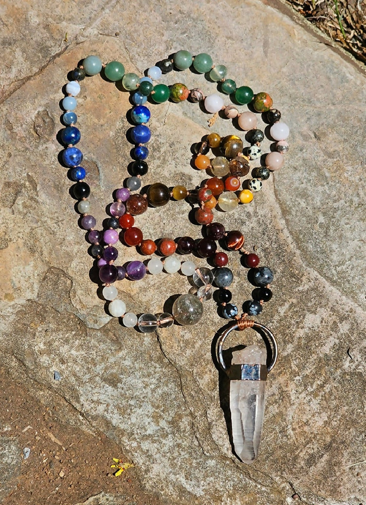 Lemurian Quartz Crystal Copper Electroformed Pendant and Genuine Gemstone Chakra Bead Necklace, Hand knotted