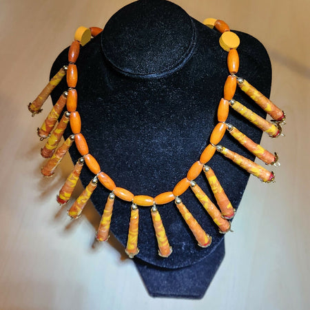 Beaded Necklace paper beads with wooden beads in orange