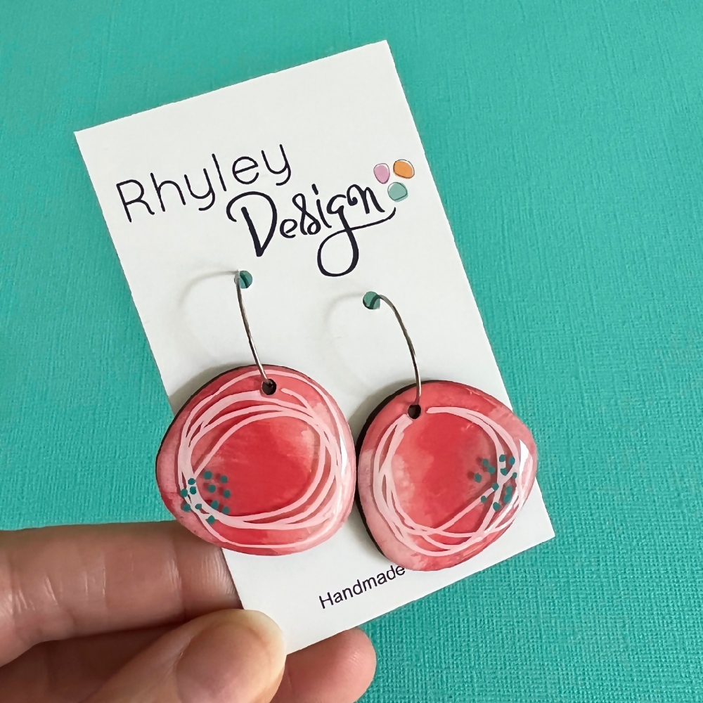 Red Abstract Painted Wood Earrings