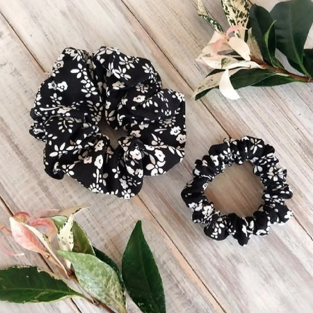 Black & white ditsy floral hair scrunchies - Slim, Petite, Mid-size