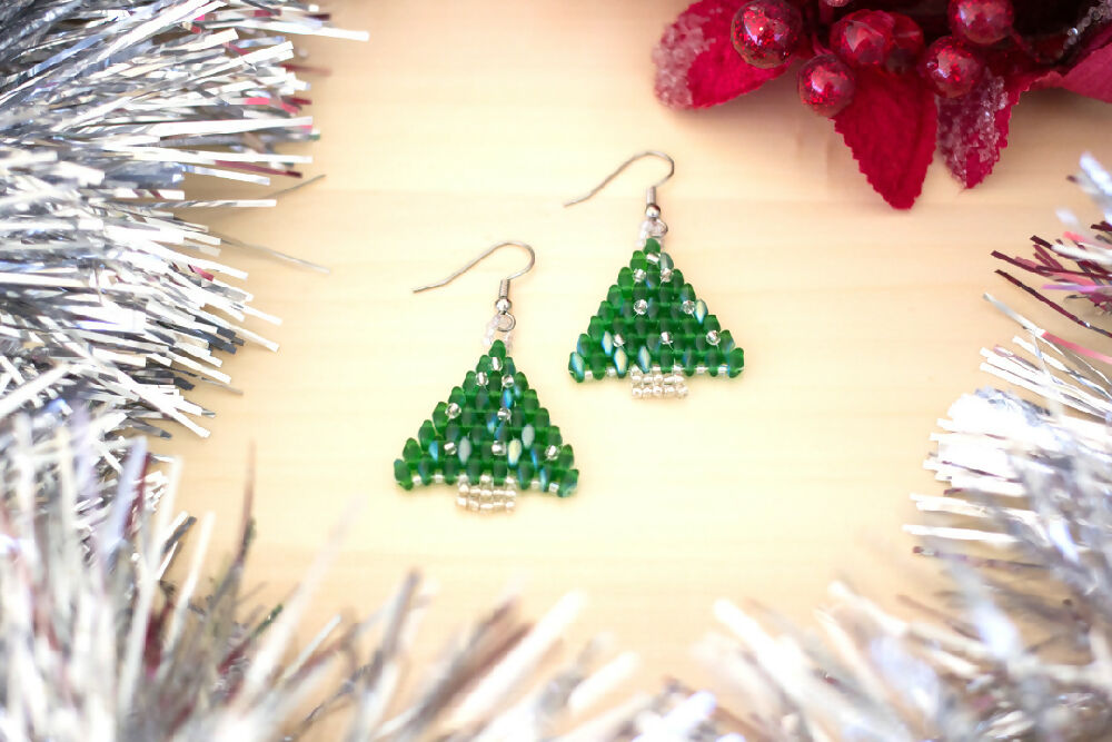 Silver and Green Christmas Tree Earrings