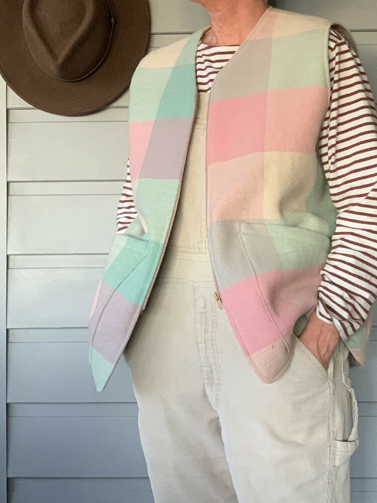 Pink Check Wool Blanket Vest/ wool vest/ upcycled blanket vest/ size small/med