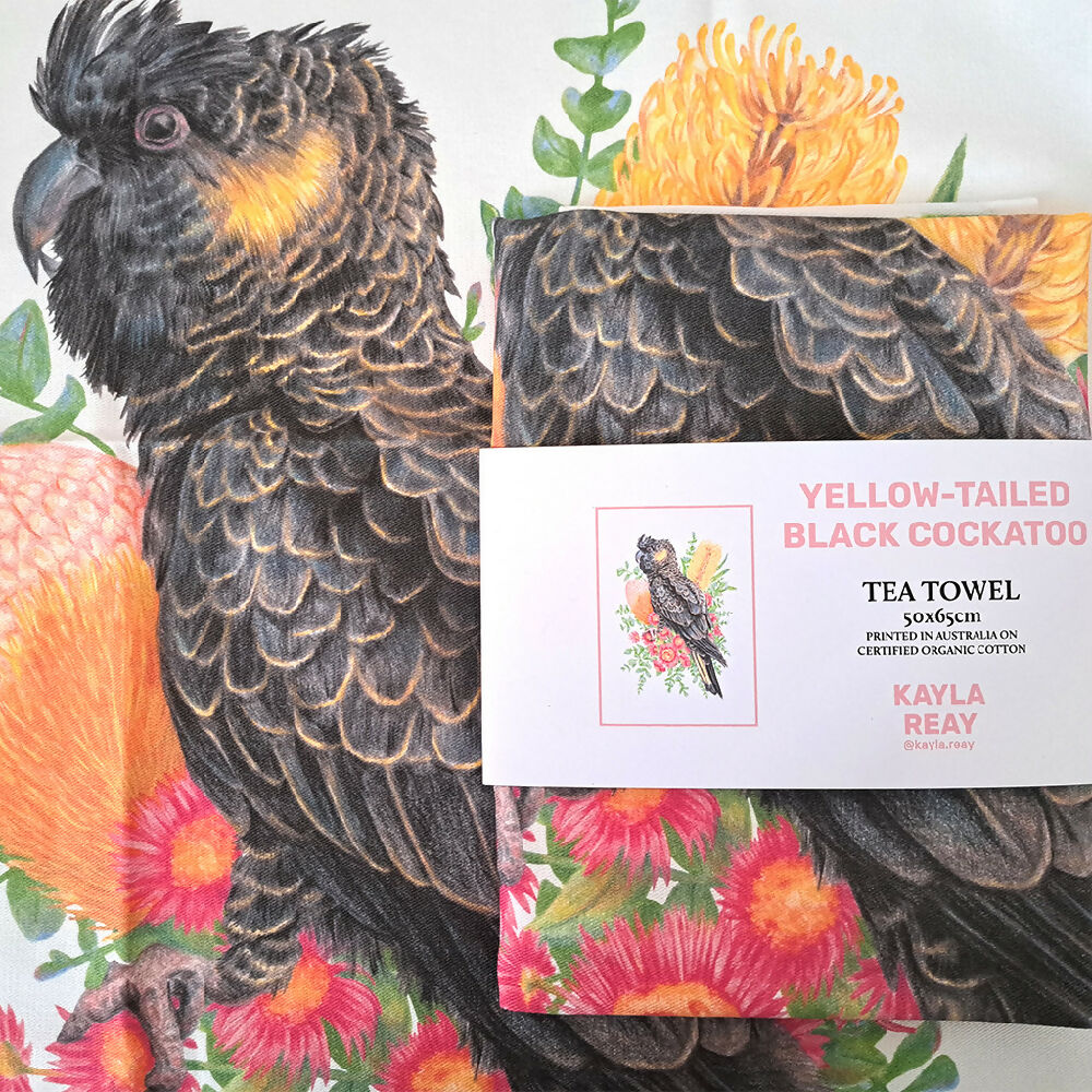 Cotton Tea Towel - Yellow-tailed Black Cockatoo