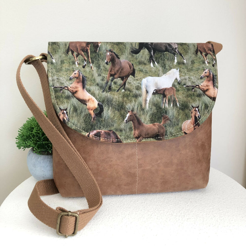 Tan Canvas and Genuine Leather Crossbody Handbag with Wild Horses Fabric