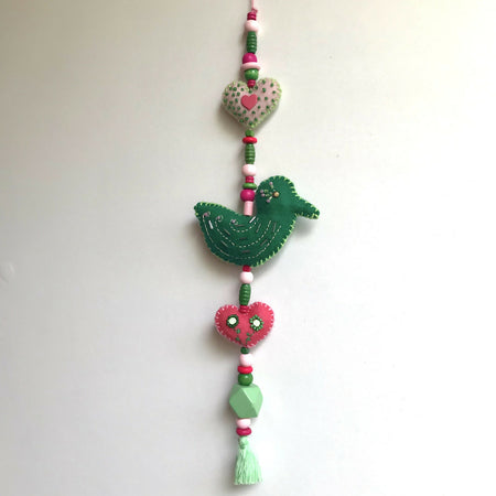 Wall hanging Boho bird decoration 43cm - Green - Pink