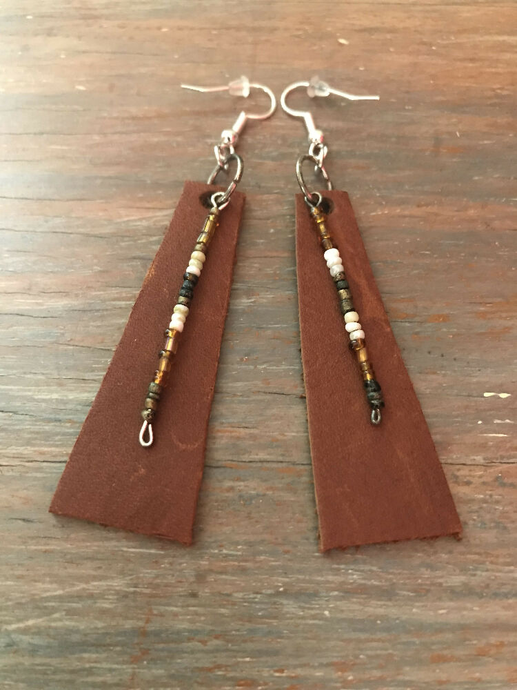 Tan Leather Earrings with Beads