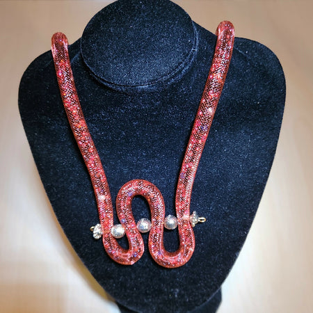 Red mesh, bead filled, statement necklace