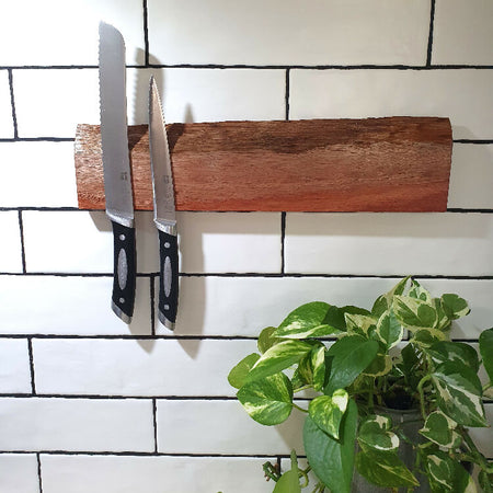 Wall mounted Magnetic Knife Holder, 40cm, Holds 7 knives,Made in Western Australia, Jarrah Timber, Unique Wedding Present, Natural Edge