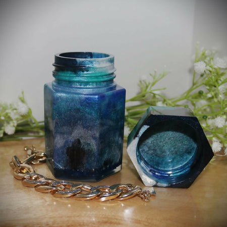 Blue/Black Resin Storage Jar with lid - Hexagon