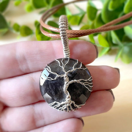 Mysterious 50x30mm Wire-Wrapped Faceted Silver Sheen Obsidian Tree Pendant