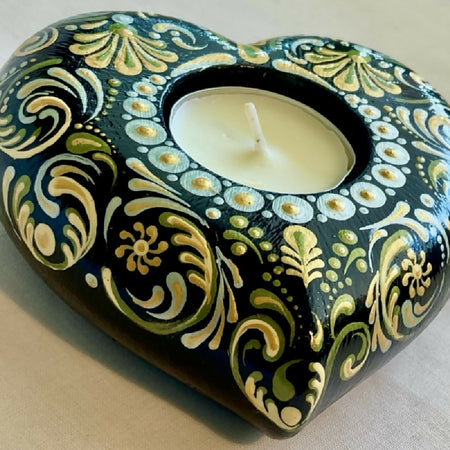Unique Hand-painted Heart Tea-light Candle Holder Gift Boxed, Green, Gold & Black
