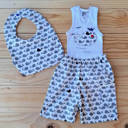 Toddler Boys Singlet, Shorts & Bib Set in Whale Print | Size 2