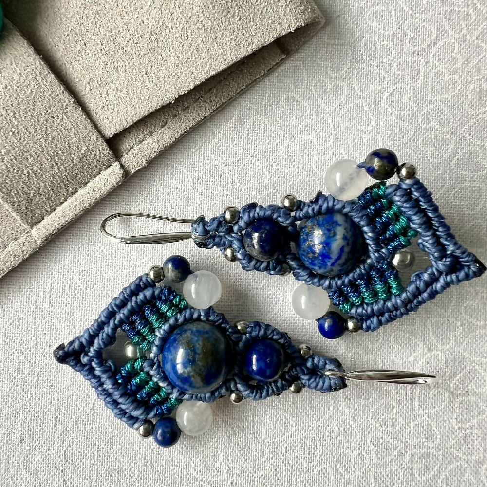 SOLD OUT Lapis Lazuli & Moonstone Macrame Earrings +Free Microfibre Pouch