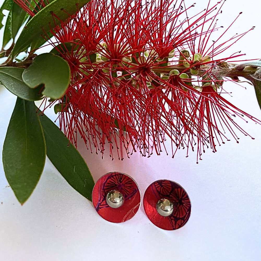 Anodised aluminium stud earrings hand printed and dyed - Colour and Alloy Collection