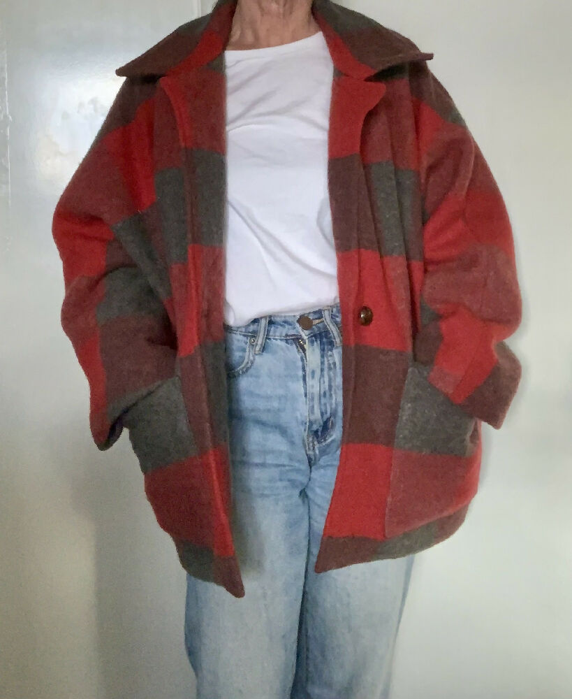 Red Wool blanket jacket/ wool jacket/ upcycled blanket jacket/ size medium/large