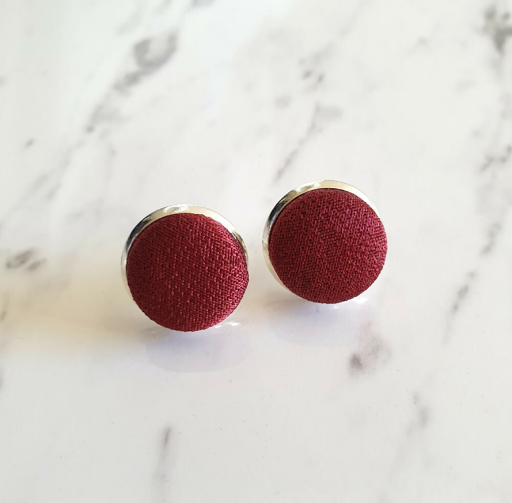 1.4cm Round Dark Brown Kimono Fabric Cabochon stud earrings