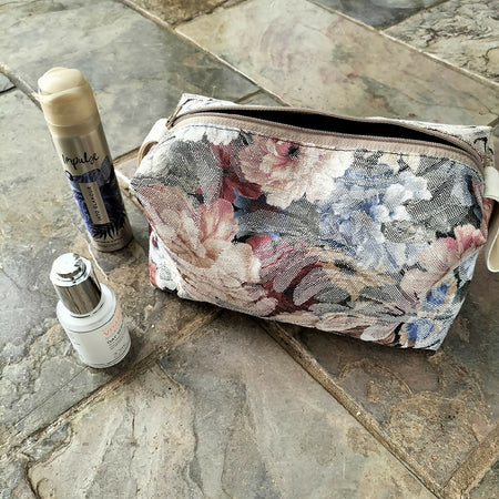 Floral makeup bag /toiletry, lined in black waterproof fabric