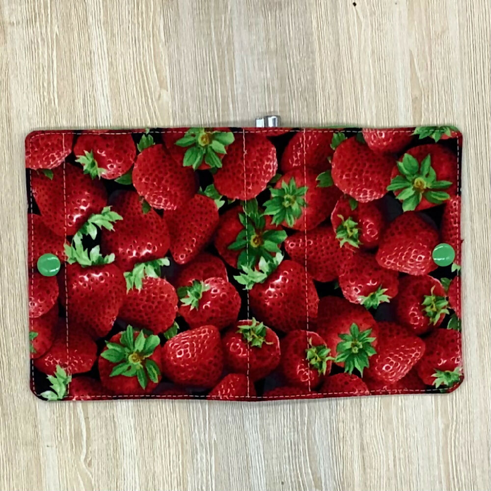 Strawberries refillable fabric pocket notepad cover with snap closure. Incl. book and pen.