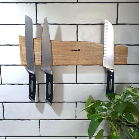 Natural edged magnetic knife holder,Magnetic Knife Holder, Wall Mounted, 40cm, Holds 7 knives,Australian Made, Marri Timber, Unique Wedding Present