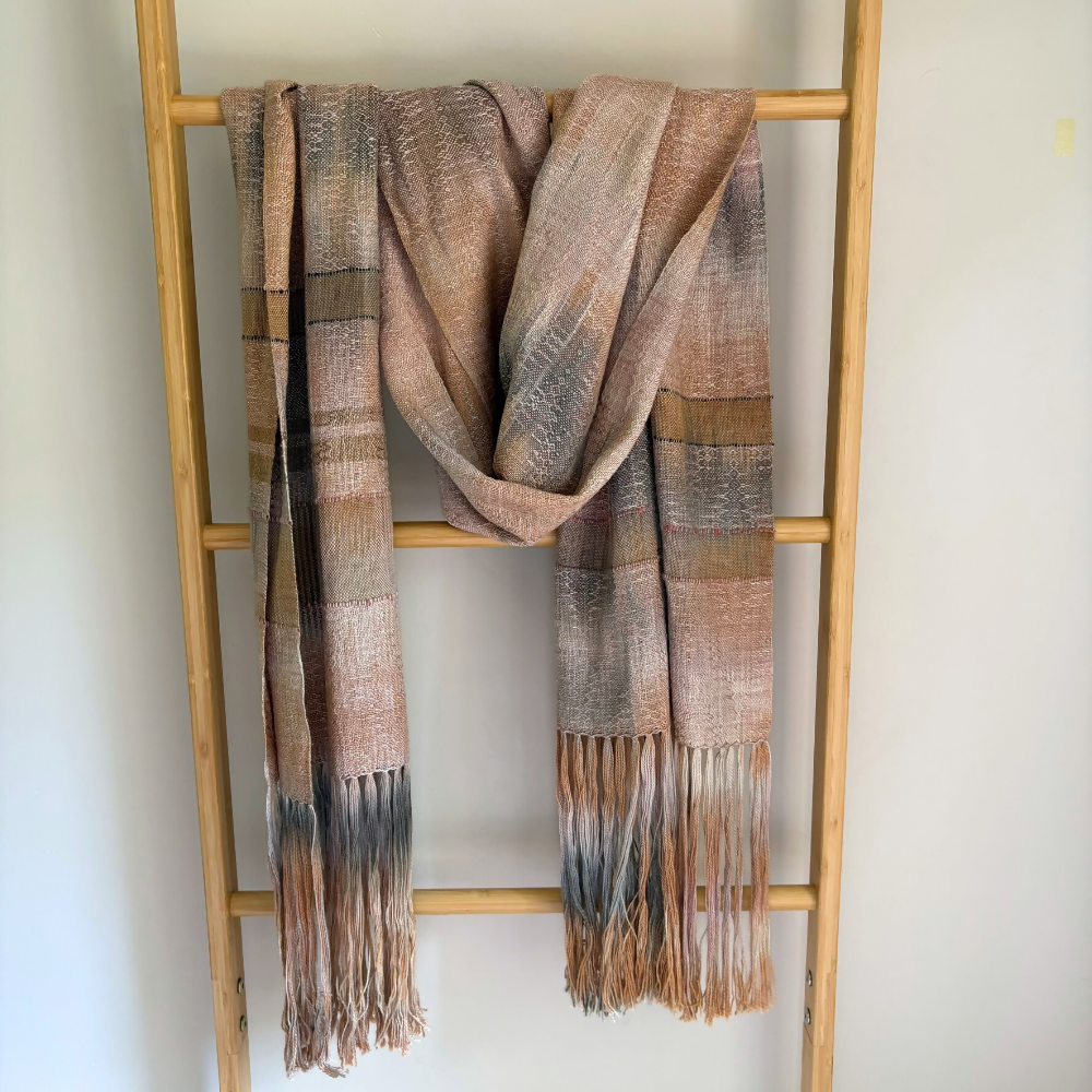 ladder-draped-silk-scarf-shawl-handwoven-entangledhappiness-handwoven-cream-dusky-pink