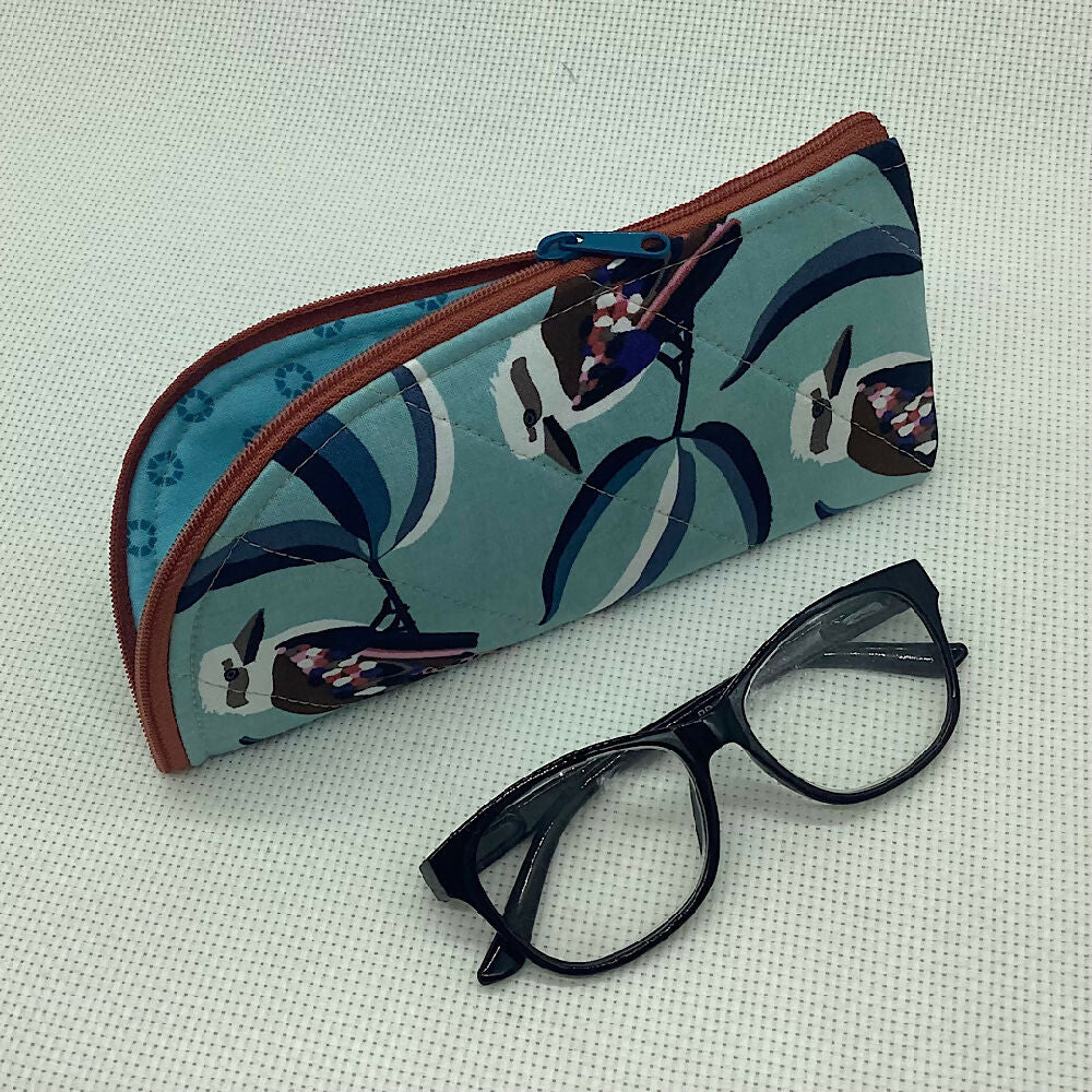 Australian Kookaburras curved top zip pouch for glasses, phones, handbag organiser, etc.