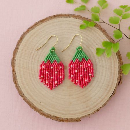 Beaded Earrings Red Strawberry Dangle Fringe