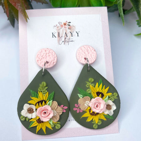 Large Olive green Dangles with Sunflowers