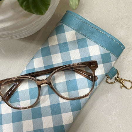 Glasses Case / PU Leather Green and White Gingham pattern print #16