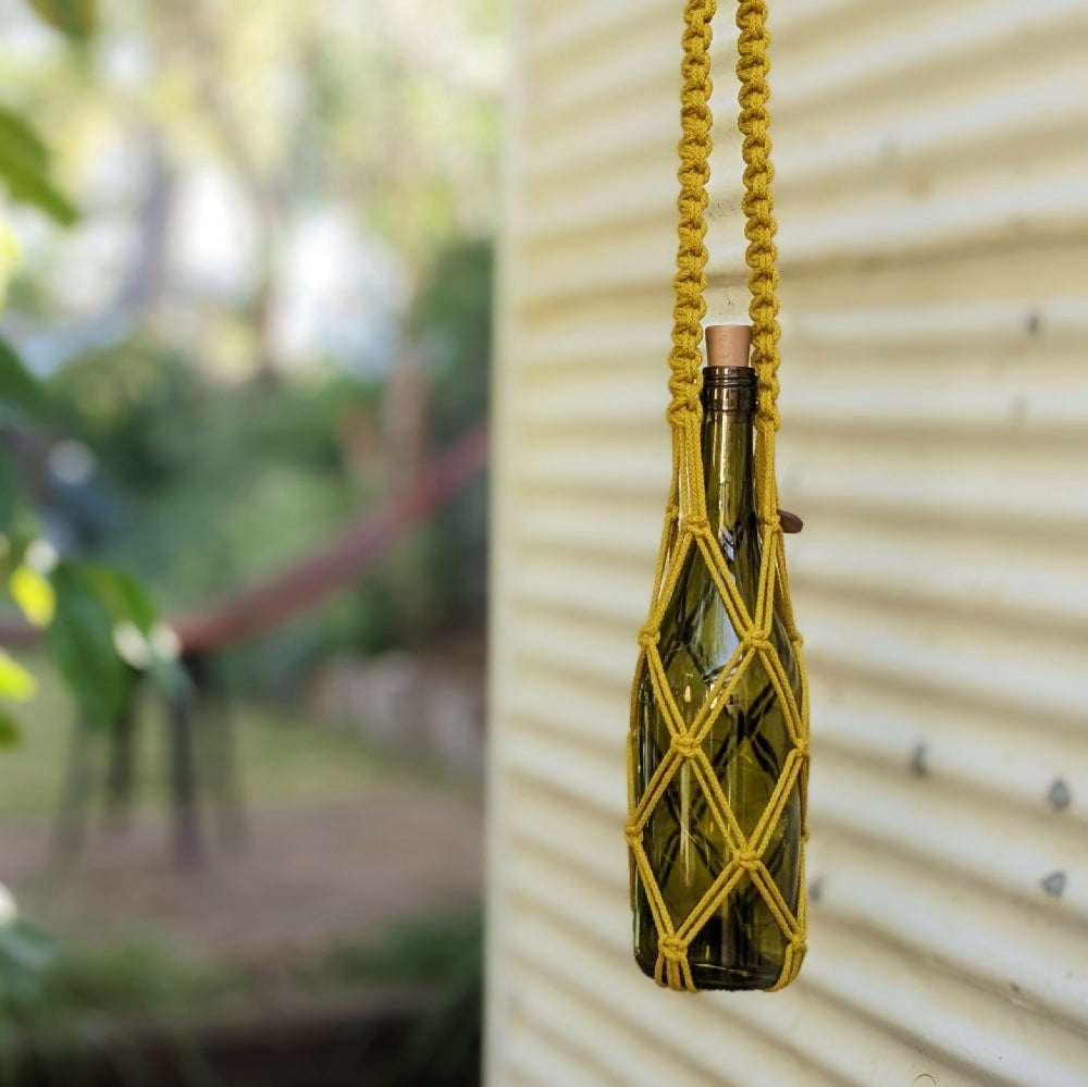 Macrame hanging wine bottle lights