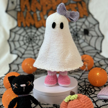 Crochet Ghost Girl With the Bow Toy, Crochet Halloween Decor