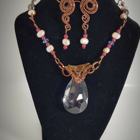 Wire wrapped drop on freshwater pearls, cryatal necklace, earring set