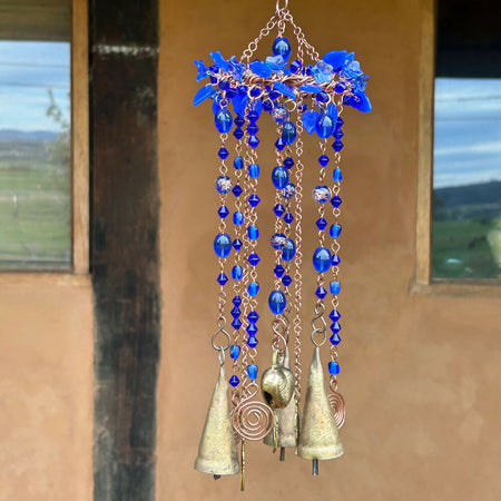 Windchimes Bells Metal Glass Beads Red Blue or Aqua