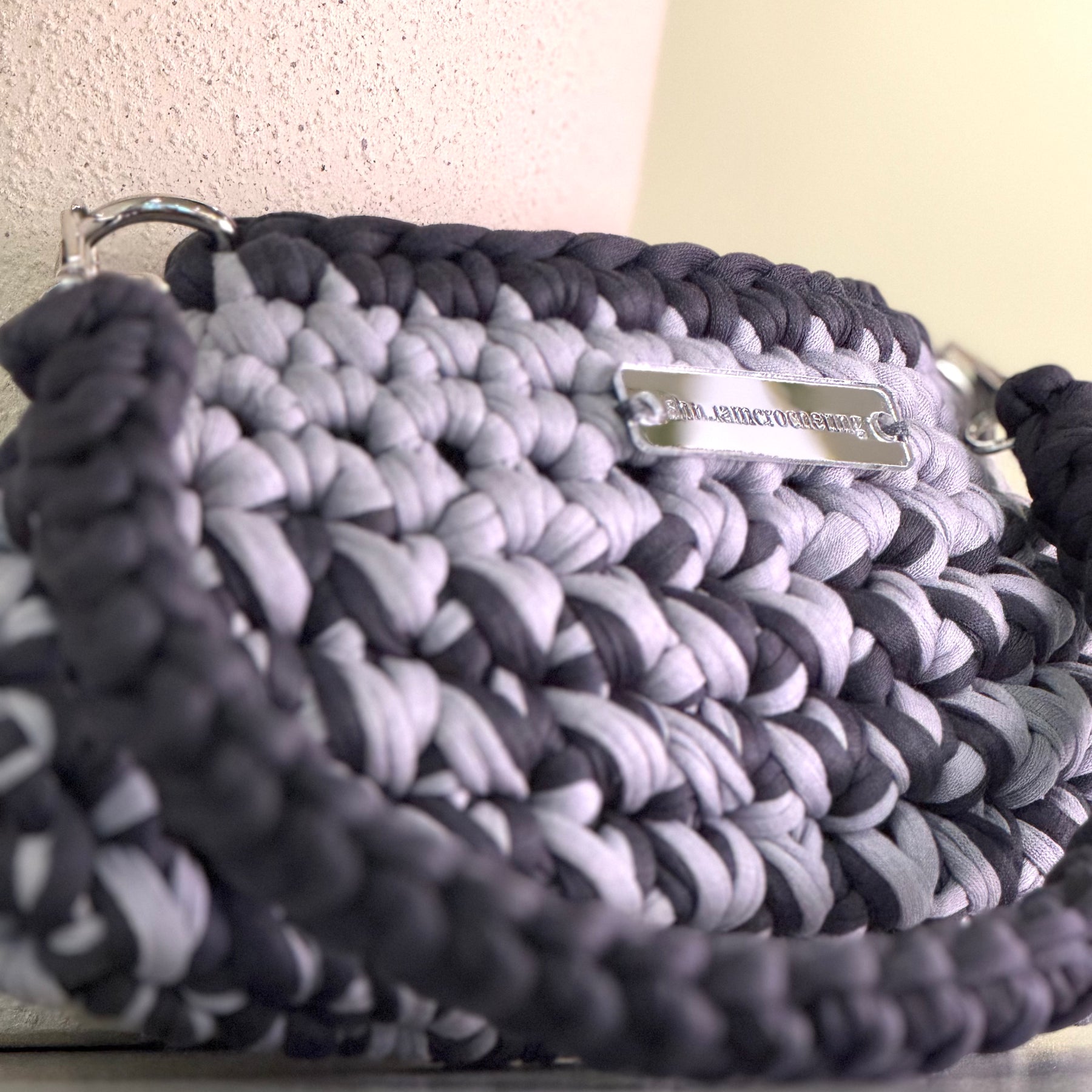 Mini Shoulder Bag | Handmade Crochet Accessary | Light Grey x Charcoal Cotton & Recycled T-shirt Yarn