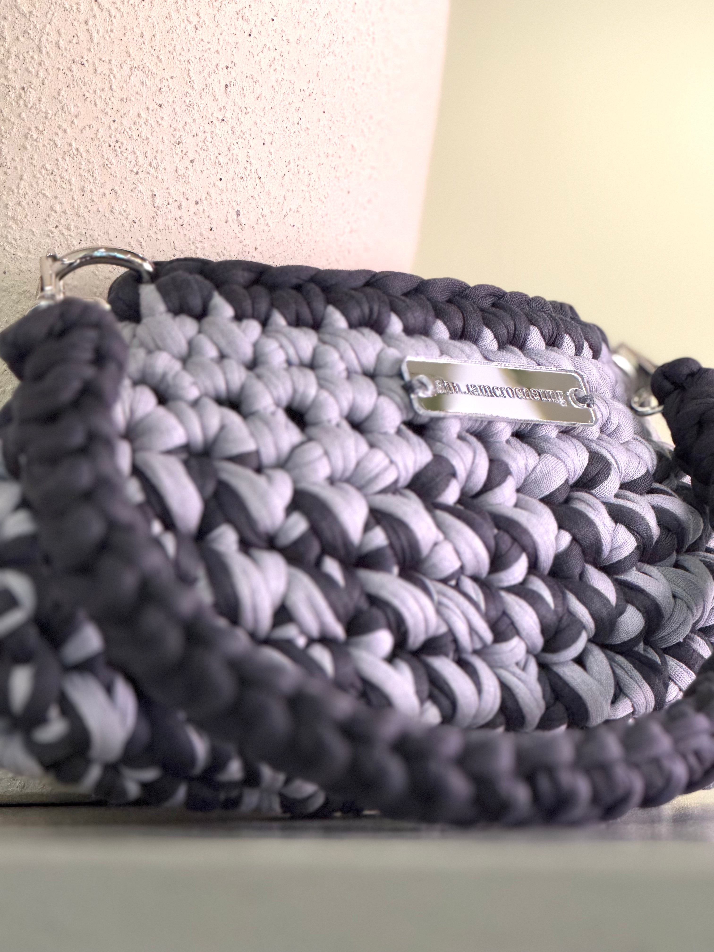 Mini Shoulder Bag | Handmade Crochet Accessary | Light Grey x Charcoal Cotton & Recycled T-shirt Yarn